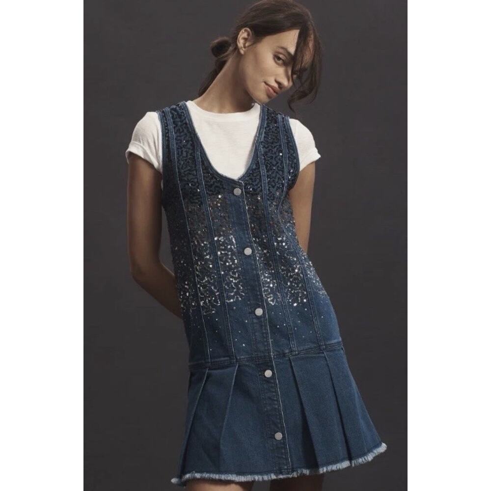 Anthropologie Pilcro Medium Sequence Denim Button Front Western Mini Dress V19